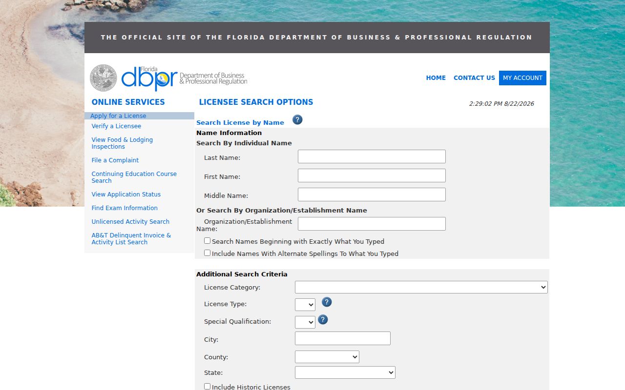Miramar previous residents name check in Florida DBPR records