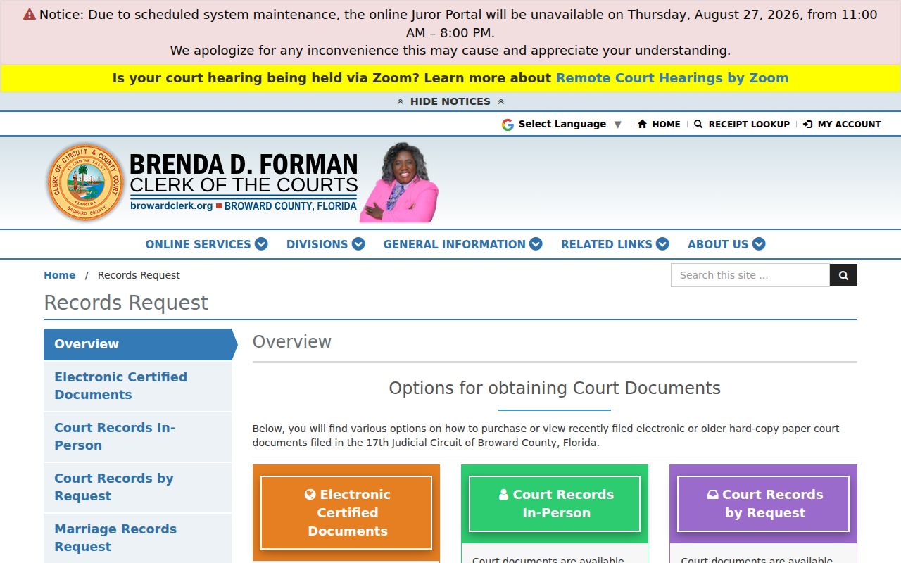 Court records request options for a Miramar resident lookup