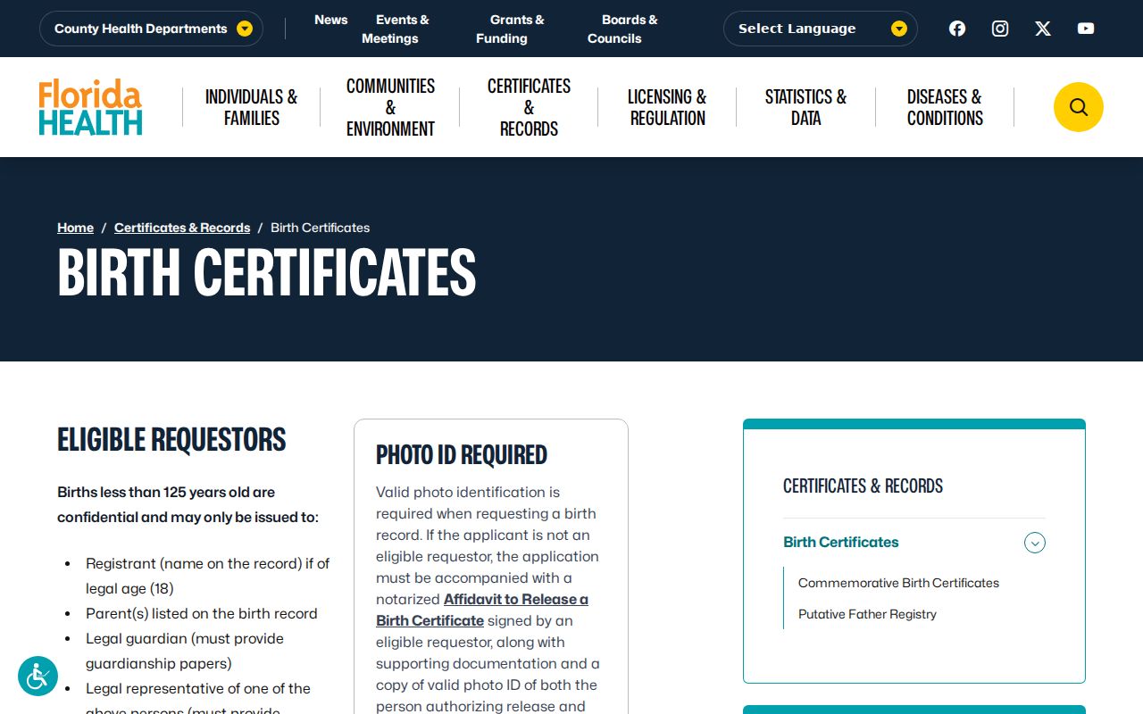 Florida birth certificate eligibility for a Miramar resident lookup