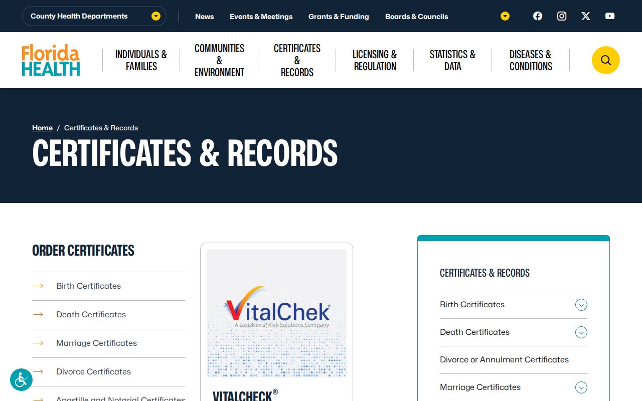 Florida vital records portal for a Miramar resident lookup